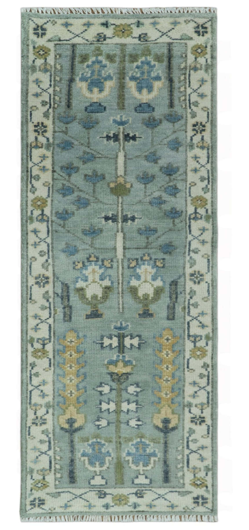 Hand Knotted Traditional Blue and Ivory Antique Oushak Custom Made Wool Area Rug