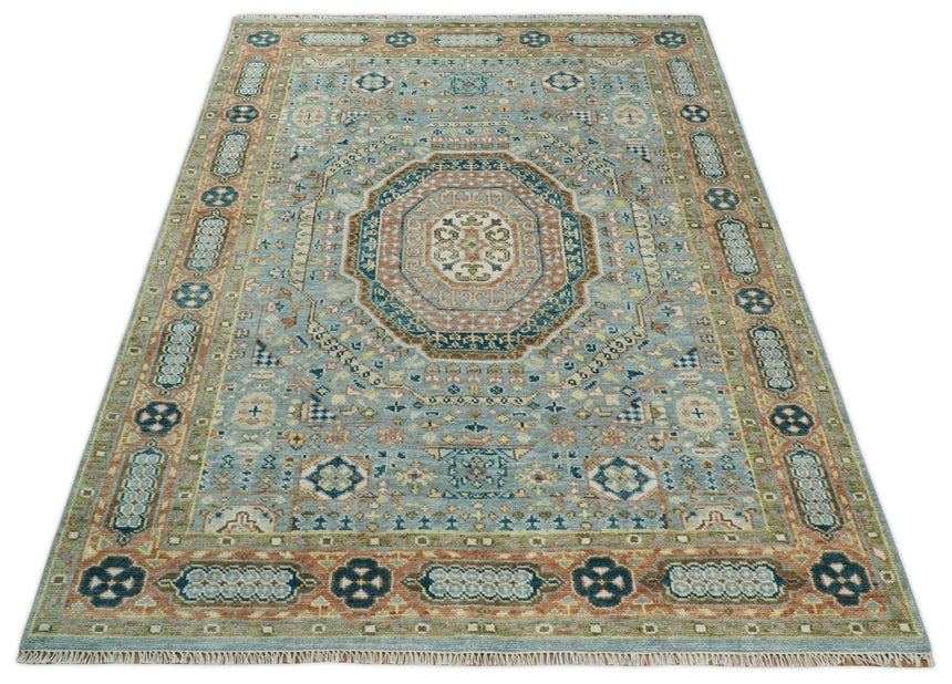 Rust and Blue Hand Knotted traditional Antique look Turkish Mamluk Living Room Multi Size wool Area Rug