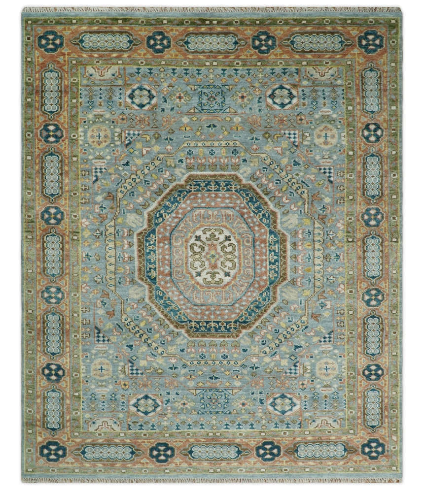 Rust and Blue Hand Knotted traditional Antique look Turkish Mamluk Living Room Multi Size wool Area Rug