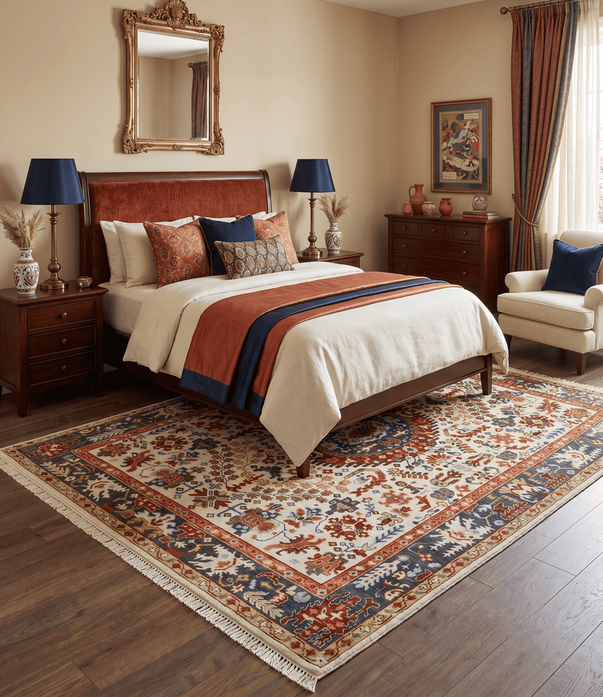 Hand Knotted traditional Oriental Ivory, Rust and Gray wool Area Rug