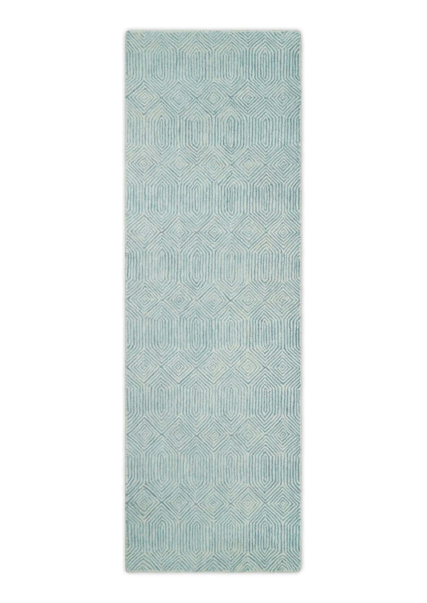 Modern Contemporary Style Teal and Ivory Hand Tufted Wool Area Rug
