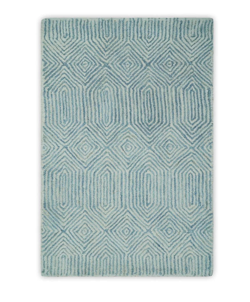 Modern Contemporary Style Teal and Ivory Hand Tufted Wool Area Rug