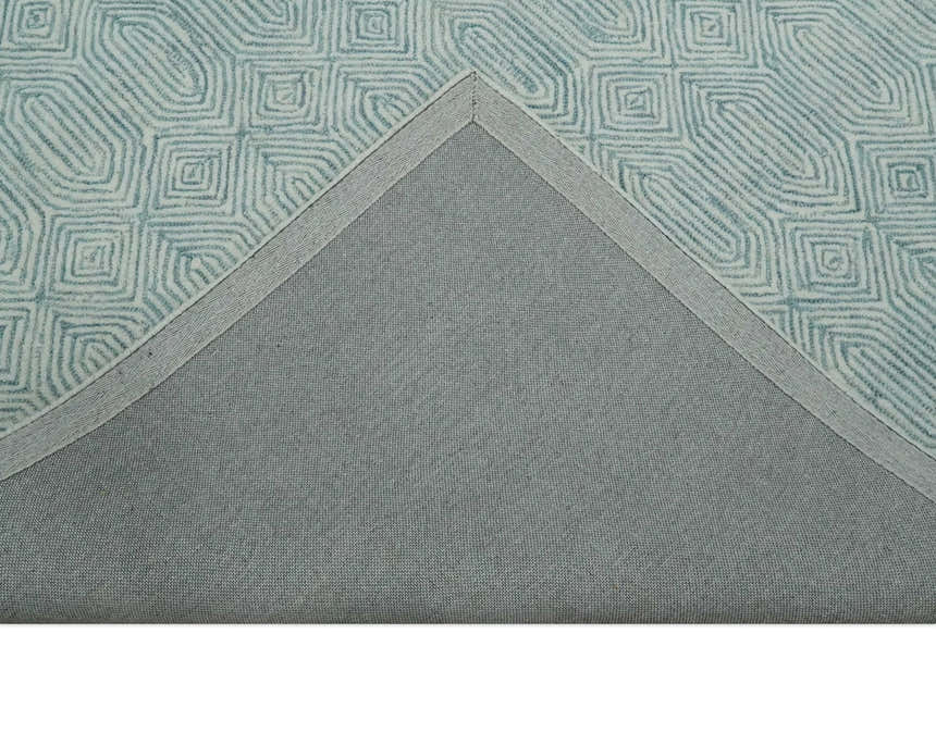 Modern Contemporary Style Teal and Ivory Hand Tufted Wool Area Rug