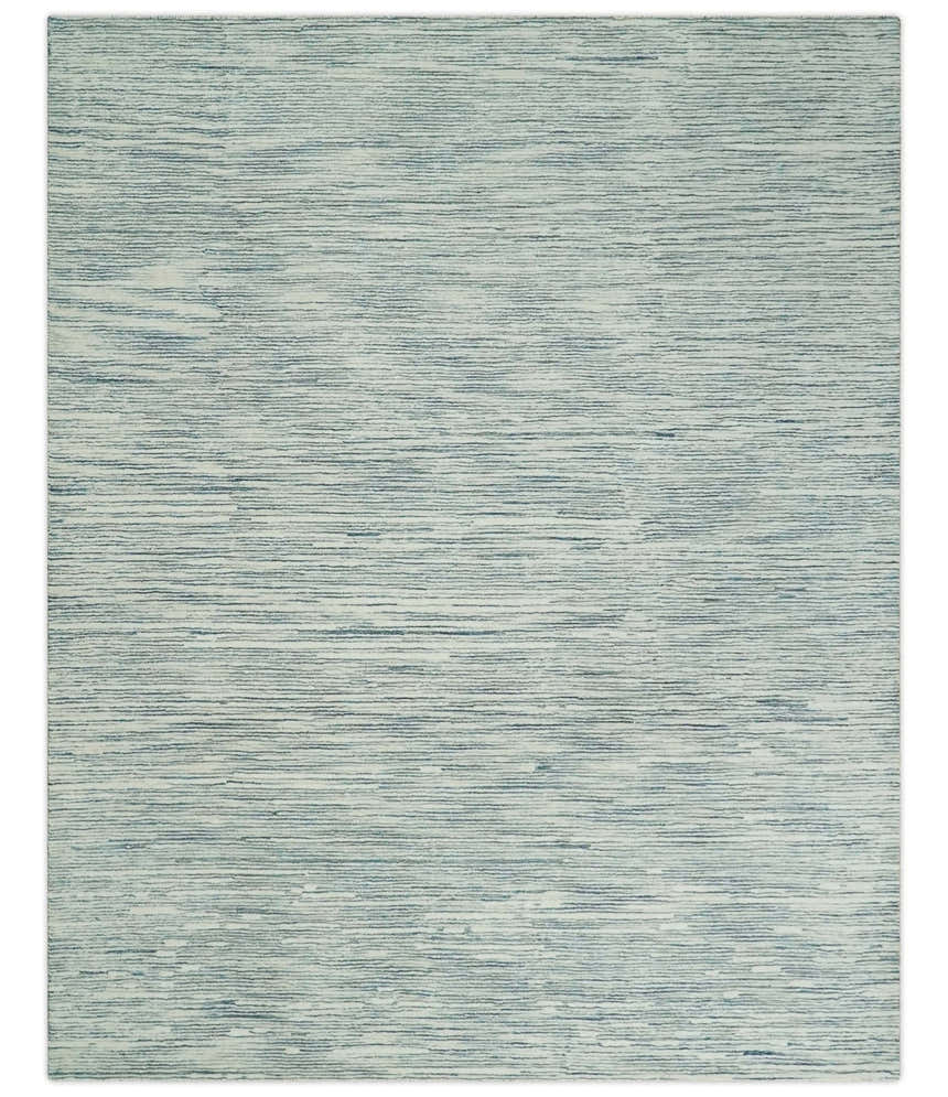 Hand Tufted Woolen Modern White and Blue Custom Made Area Rug