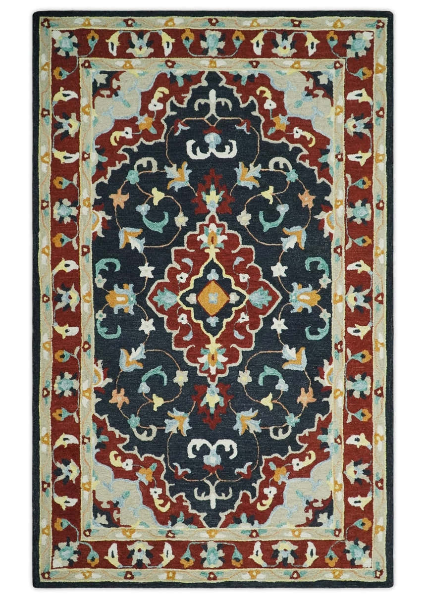 Hand Tufted Black, Rust and Beige Persian Style Wool Area Rug