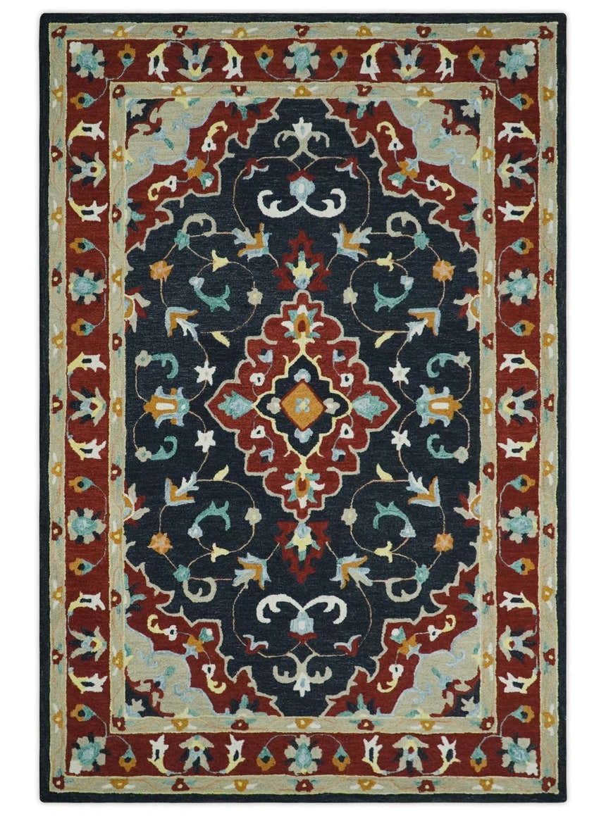Hand Tufted Black, Rust and Beige Persian Style Wool Area Rug