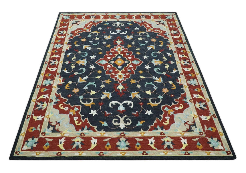 Hand Tufted Black, Rust and Beige Persian Style Wool Area Rug