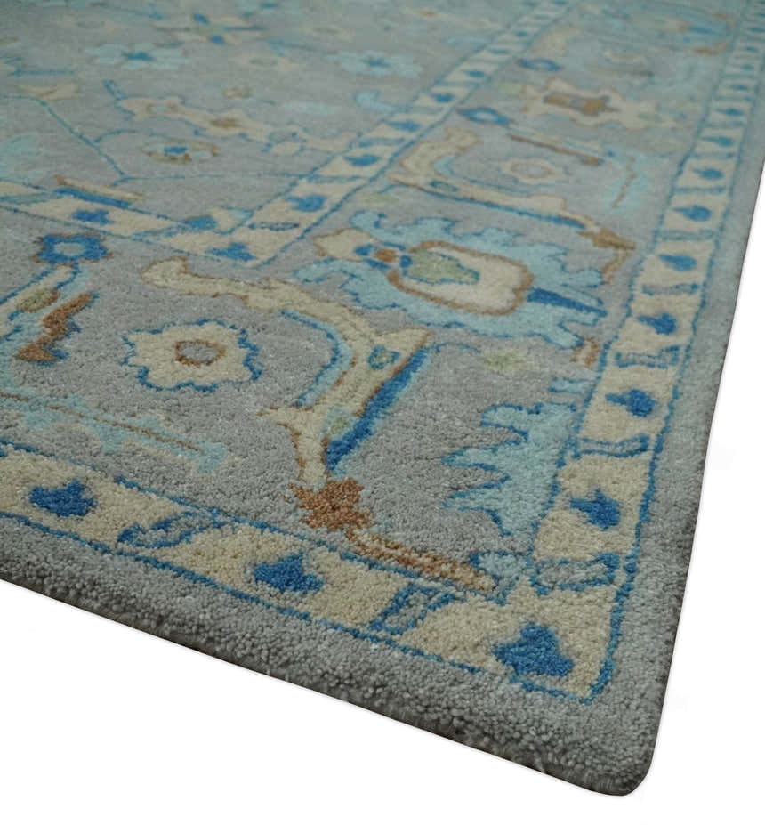 Hand Tufted Gray, Beige and Accent Blue Multi Size 8x10 Traditional Herati Design Wool Rug