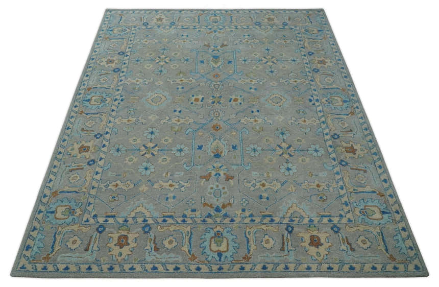 Hand Tufted Gray, Beige and Accent Blue Multi Size 8x10 Traditional Herati Design Wool Rug