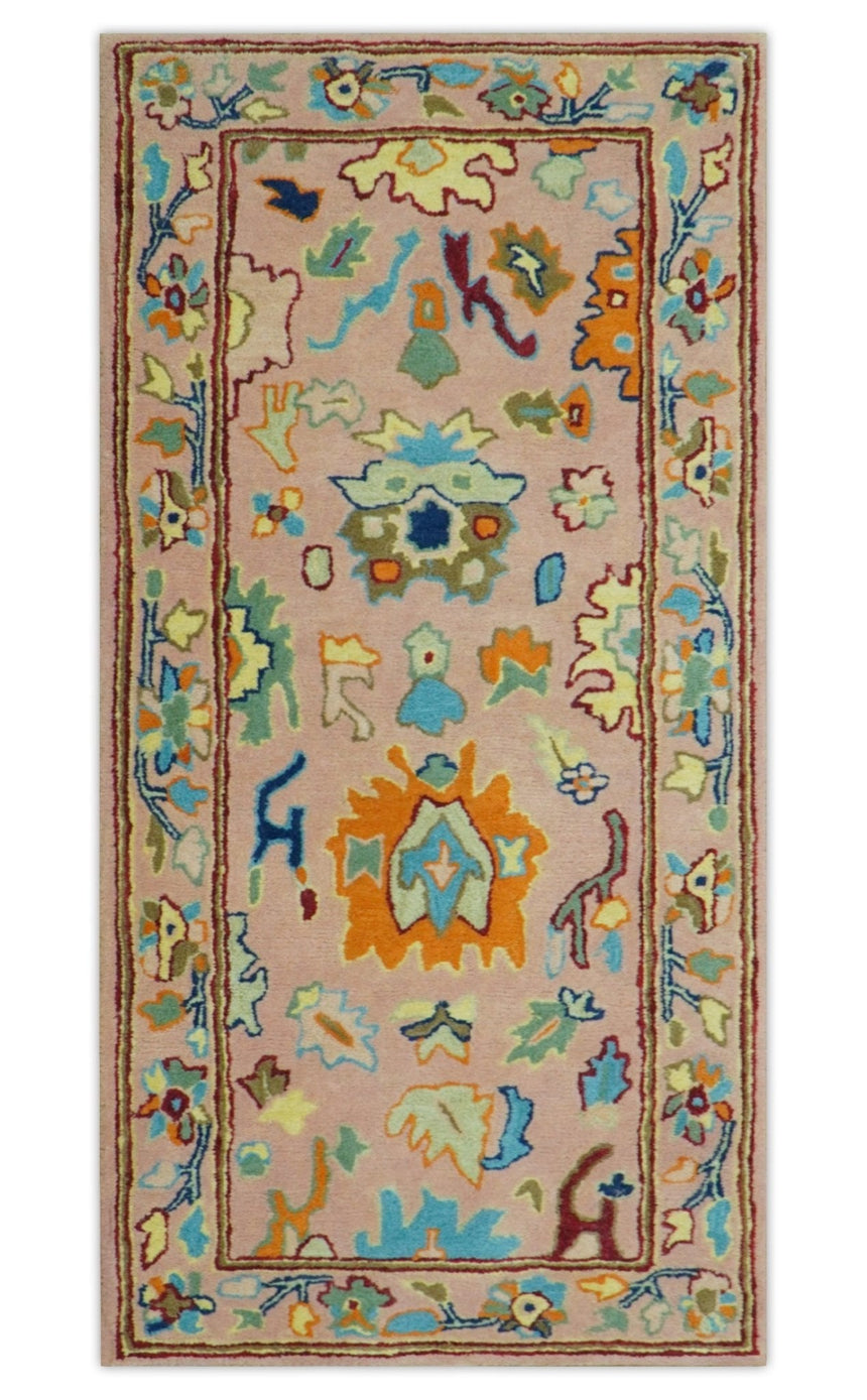 Hand Tufted Pink Peach and Gold Modern Colorful Oushak Rug, Kids, Living Room and Bedroom Rug | TRD6461