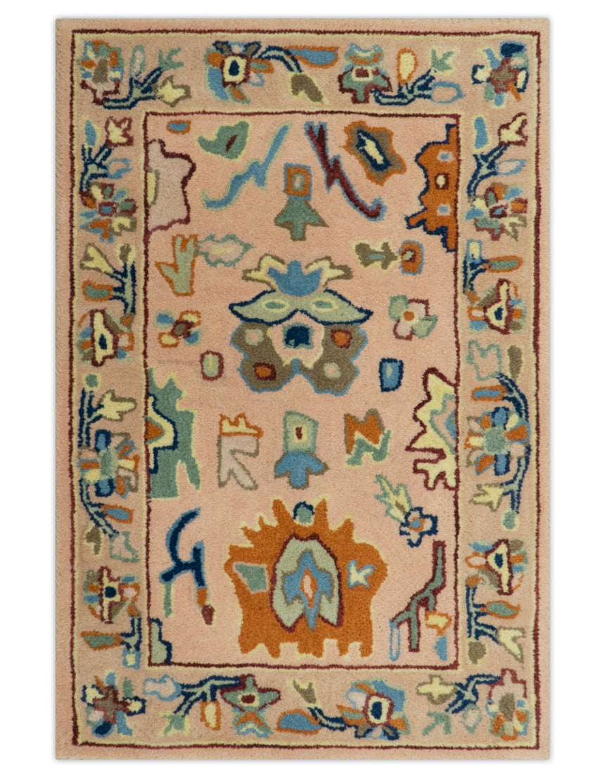 Hand Tufted Pink Peach and Gold Modern Colorful Oushak Rug, Kids, Living Room and Bedroom Rug | TRD6461