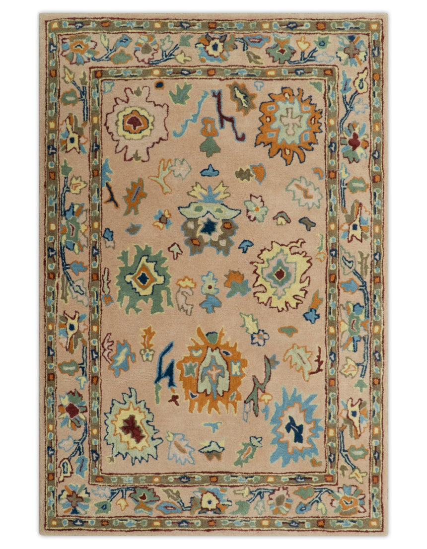 Hand Tufted Pink Peach and Gold Modern Colorful Oushak Rug, Kids, Living Room and Bedroom Rug | TRD6461