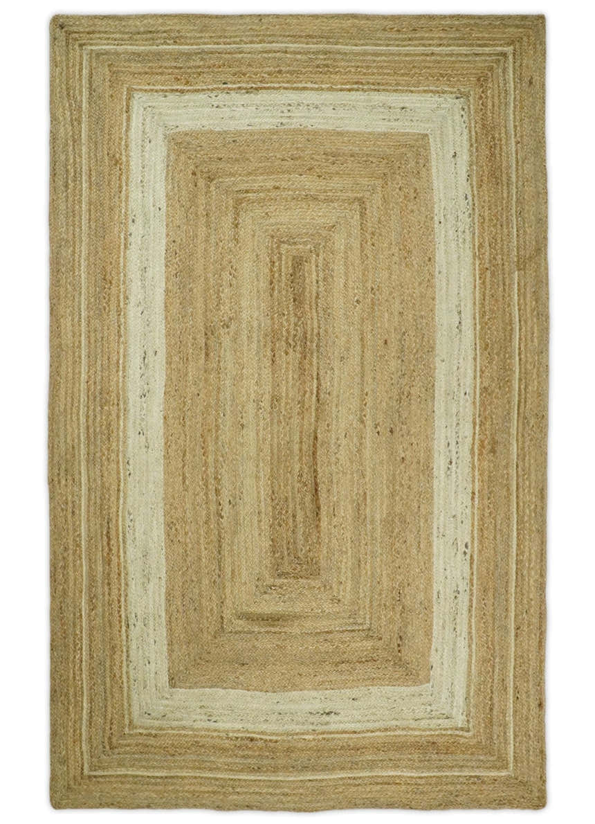 Hand Woven Natural Fiber White and Brown Natural Jute Rug