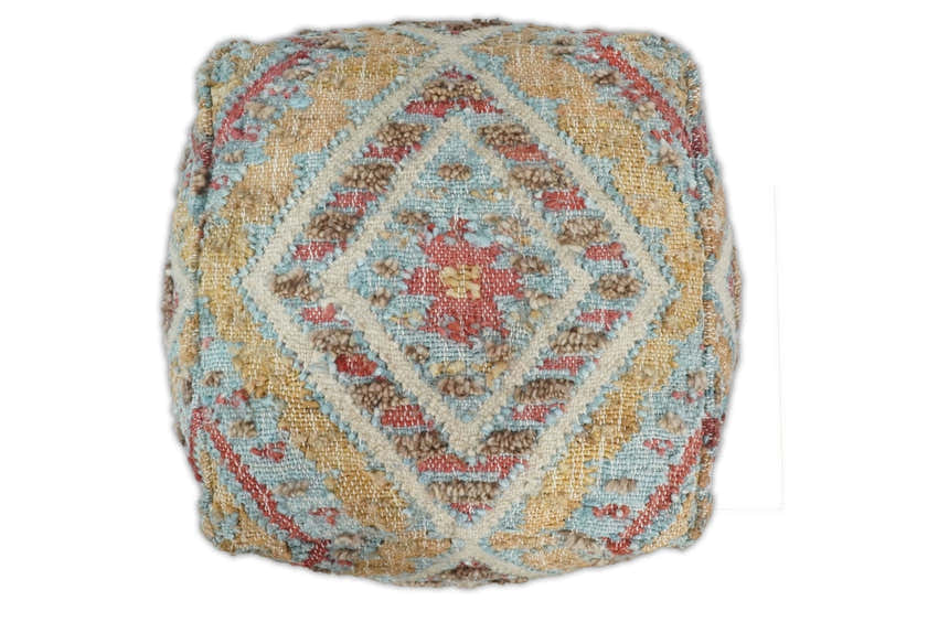 Hand Woven Boho Tribal Large Mustard and Blue Jute and Wool Pouf | TRD120P