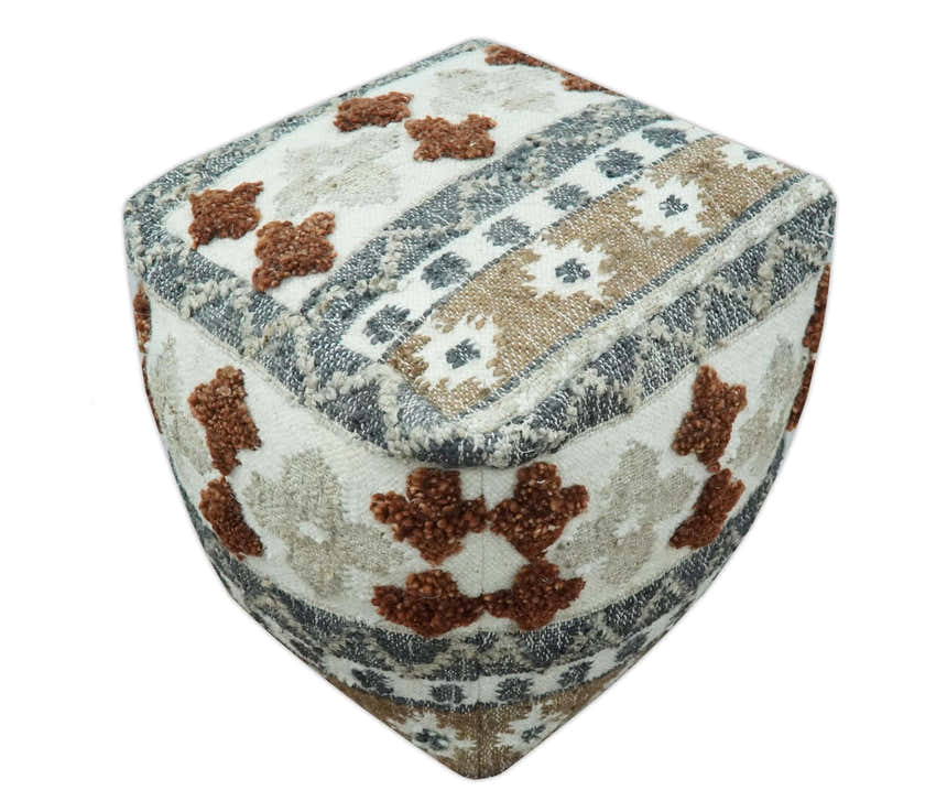 Hand woven Ivory, Gray and Brown Traditional Textured Jute and wool Pouf