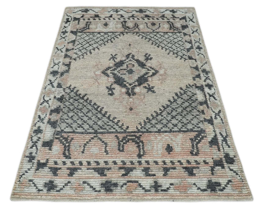 Hand Woven Peach, Beige and Charcoal Rug Made with Blended Wool Multi Size Rug