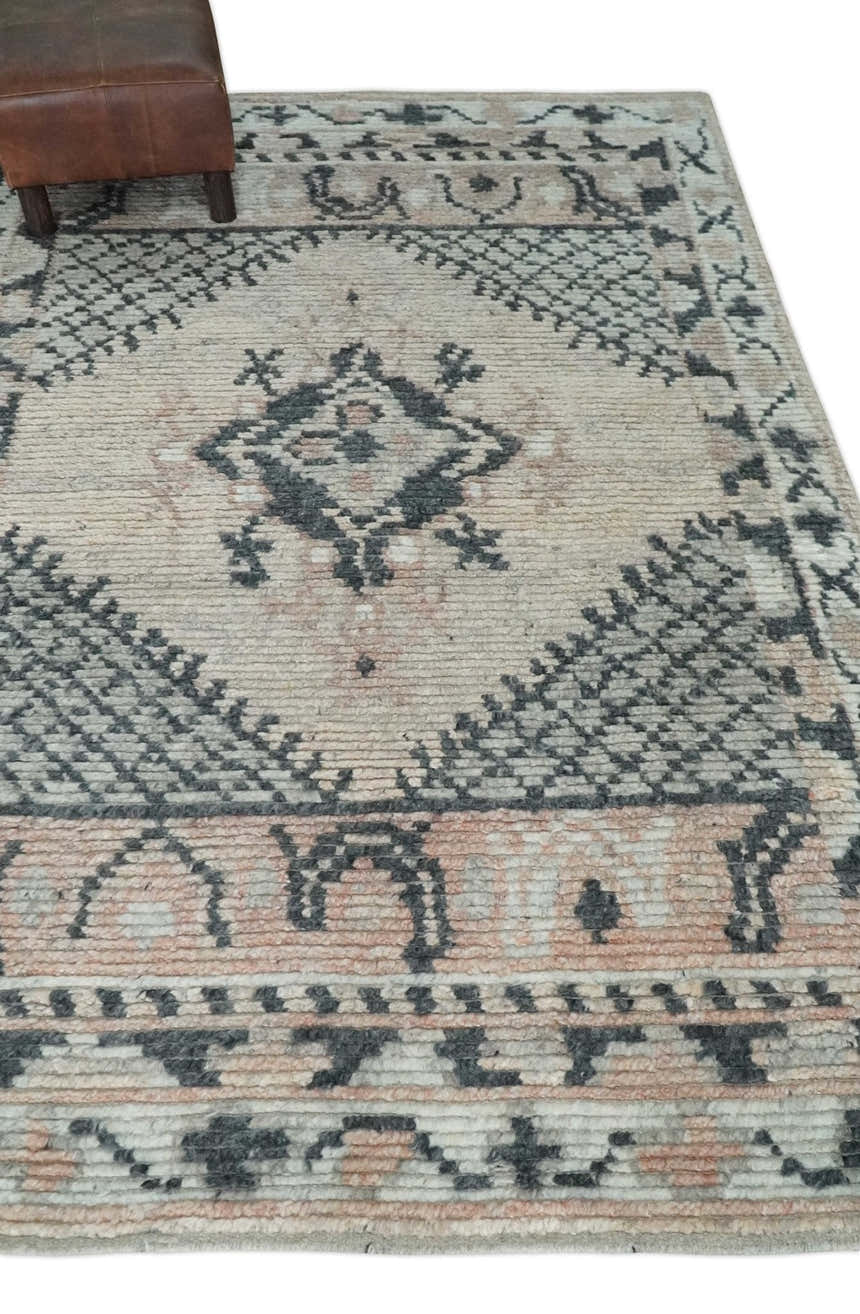 Hand Woven Peach, Beige and Charcoal Rug Made with Blended Wool Multi Size Rug
