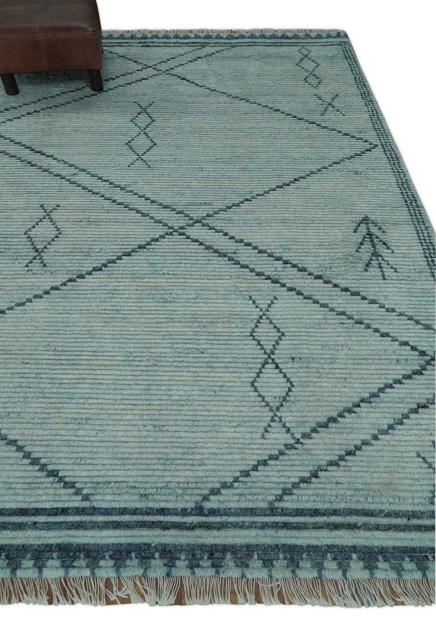Custom Made Hand Woven Silver and Blue Abstract Trellis Moroccan Rug Made with Blended Wool