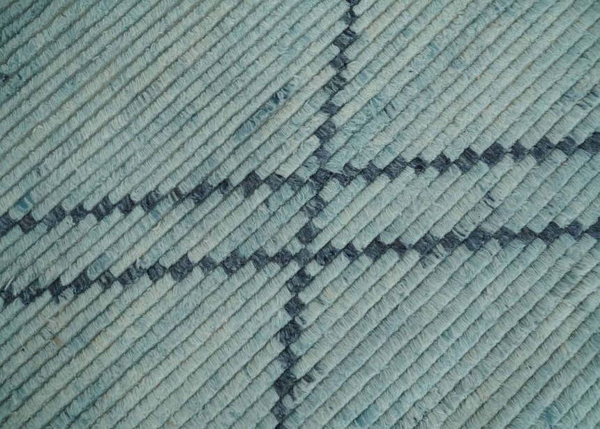 Custom Made Hand Woven Silver and Blue Abstract Trellis Moroccan Rug Made with Blended Wool