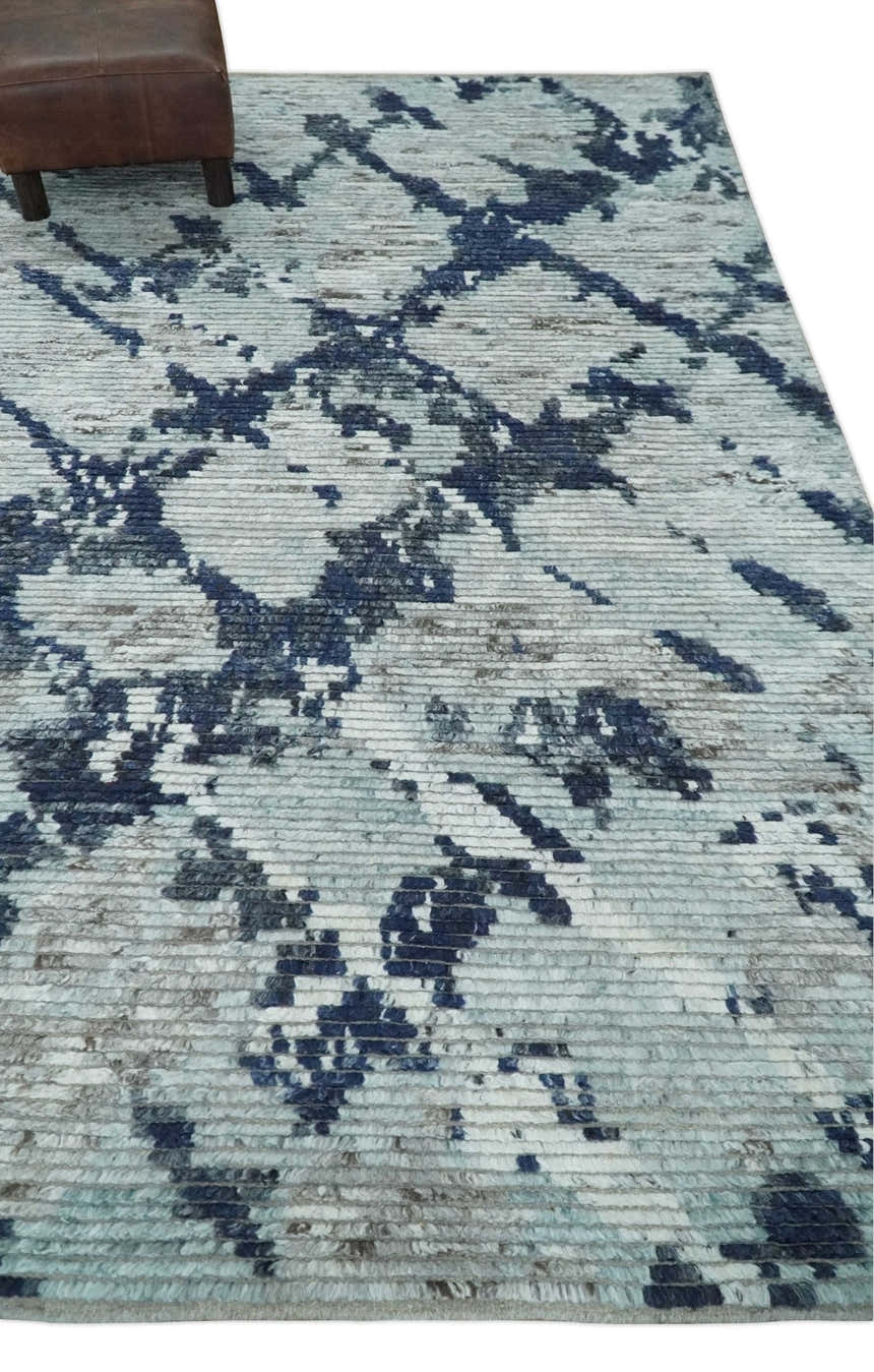 Custom Made Hand Woven Silver, Blue and Charcoal Abstract Trellis Moroccan Rug Made with Blended Wool