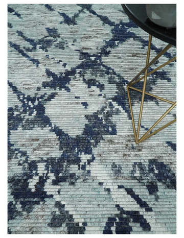 Custom Made Hand Woven Silver, Blue and Charcoal Abstract Trellis Moroccan Rug Made with Blended Wool