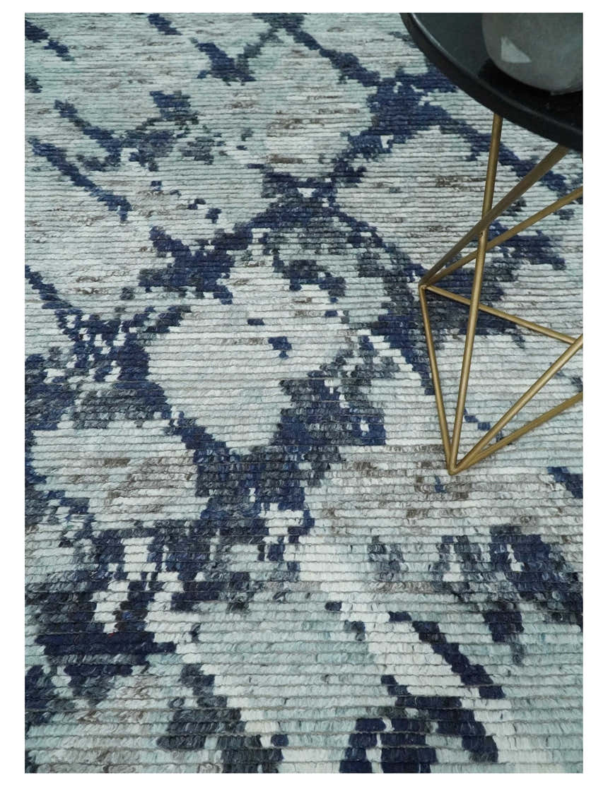 Custom Made Hand Woven Silver, Blue and Charcoal Abstract Trellis Moroccan Rug Made with Blended Wool