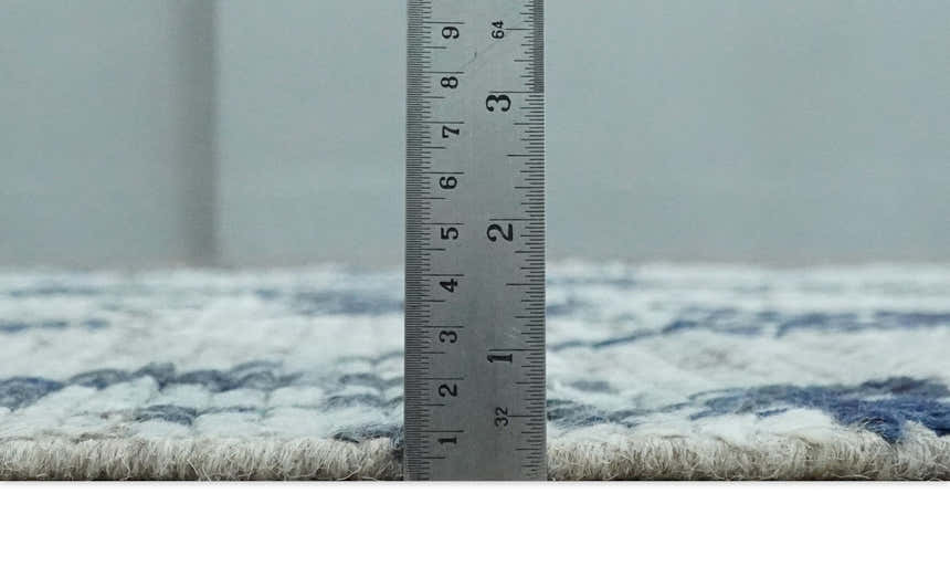 Custom Made Hand Woven Silver, Blue and Charcoal Abstract Trellis Moroccan Rug Made with Blended Wool