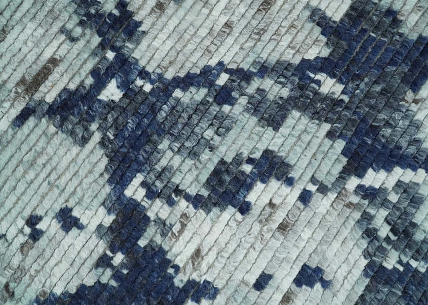 Custom Made Hand Woven Silver, Blue and Charcoal Abstract Trellis Moroccan Rug Made with Blended Wool