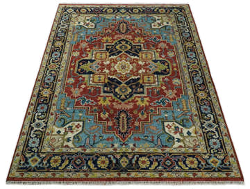 Rust, Blue and Beige Traditional Heriz Medallion Hand Knotted Multi Size Wool Area Rug