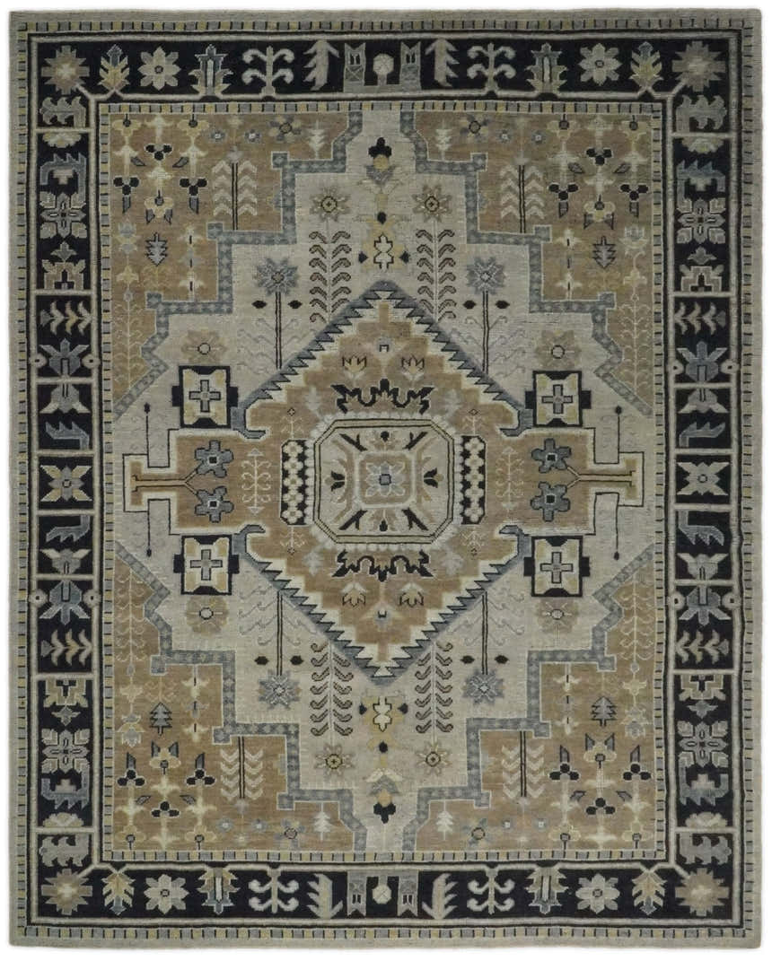 Vintage Distressed Hand Knotted Traditional Heriz Serapi Camel, Ivory and Black Custom Made wool Area Rug