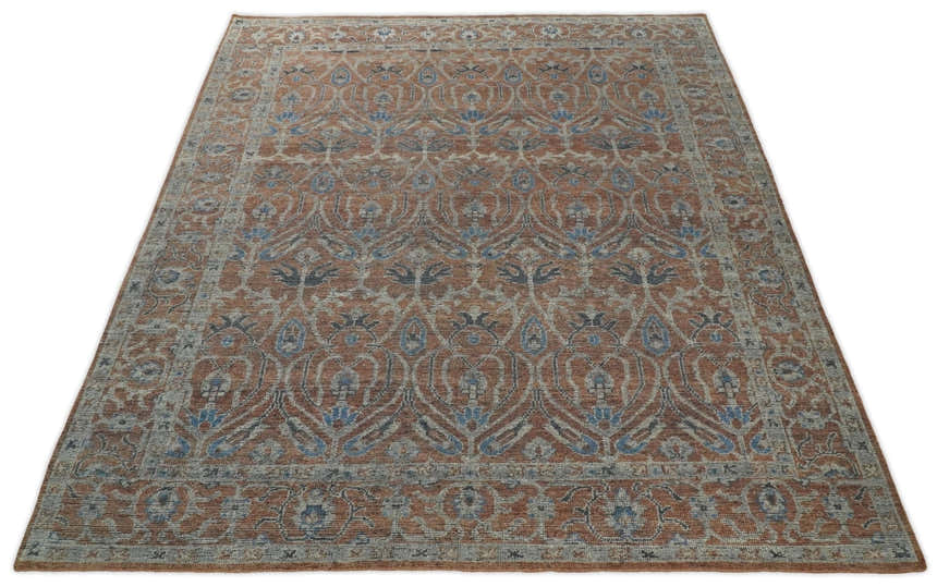 Vintage Style Hand Knotted Serapi Blue and Rust Traditional Custom Made Area Rug