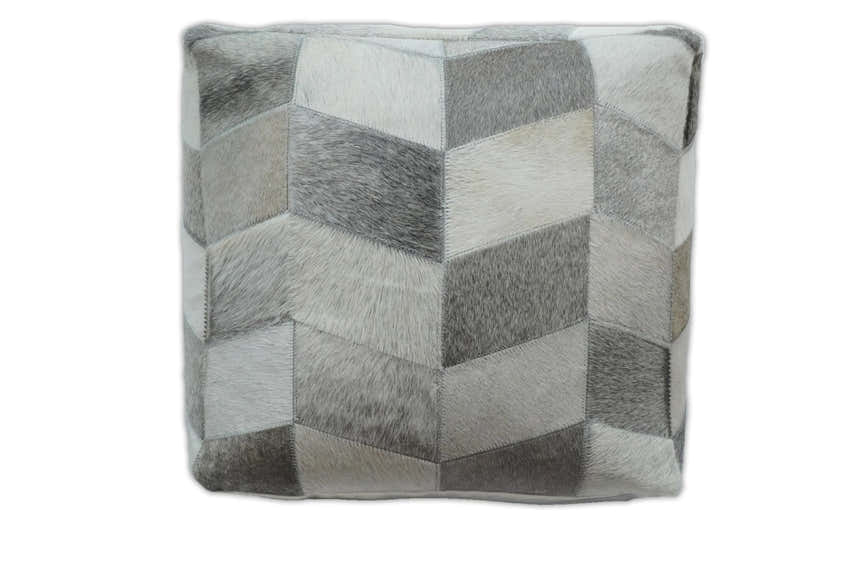 Modern Geometrical Ivory and Gray Genuine Leather Luxury Pouf