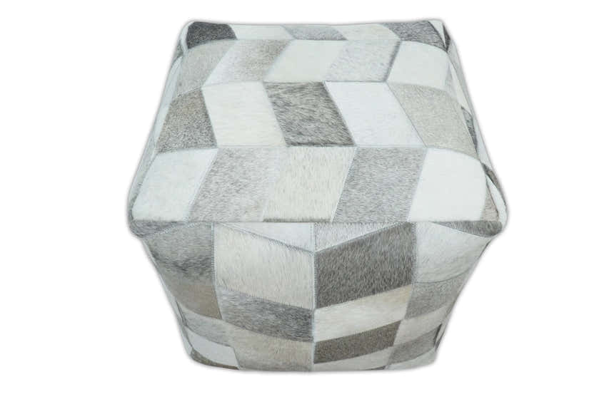 Modern Geometrical Ivory and Gray Genuine Leather Luxury Pouf