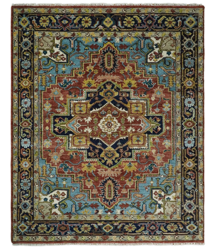 Rust, Blue and Beige Traditional Heriz Medallion Hand Knotted Multi Size Wool Area Rug