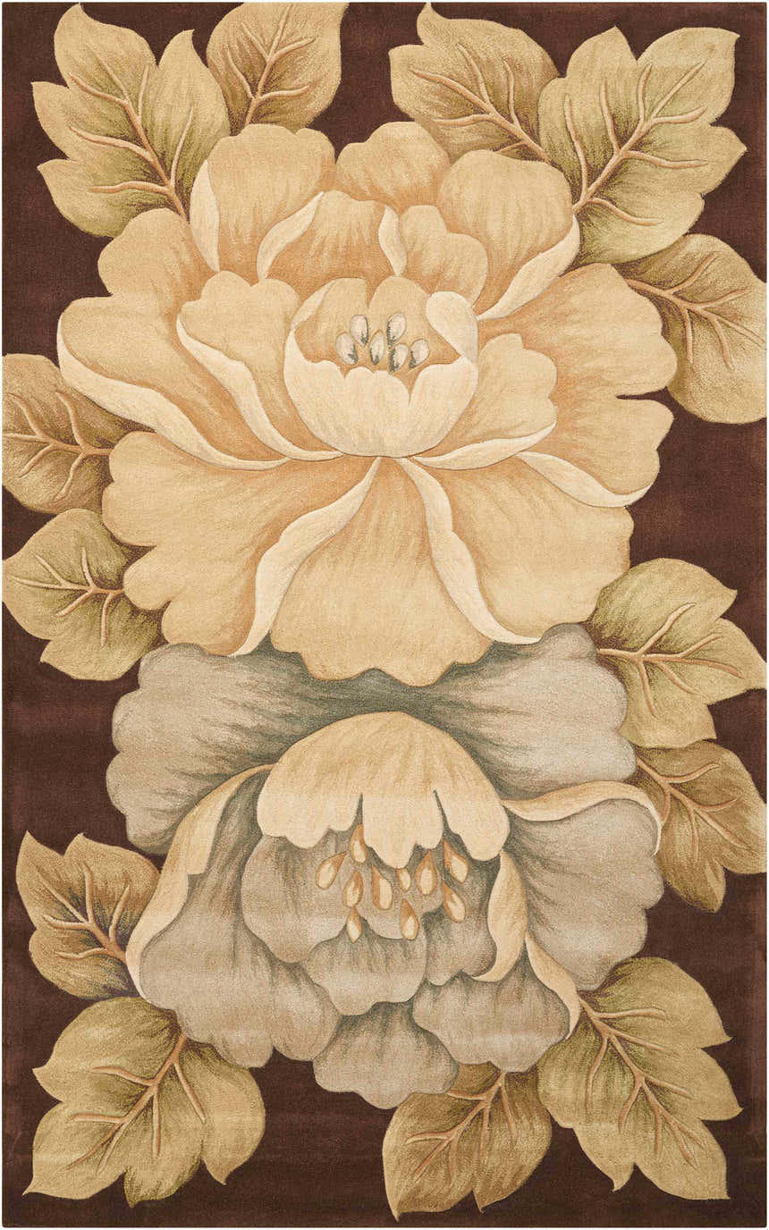 Close-up of the Nourison Tropics Brown rug. Features large floral design in beige and green on a dark brown background.