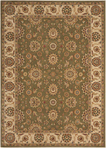 Close-up of Nourison Persian Crown Green rug. Features a traditional Persian floral pattern in green, beige, and brown tones.