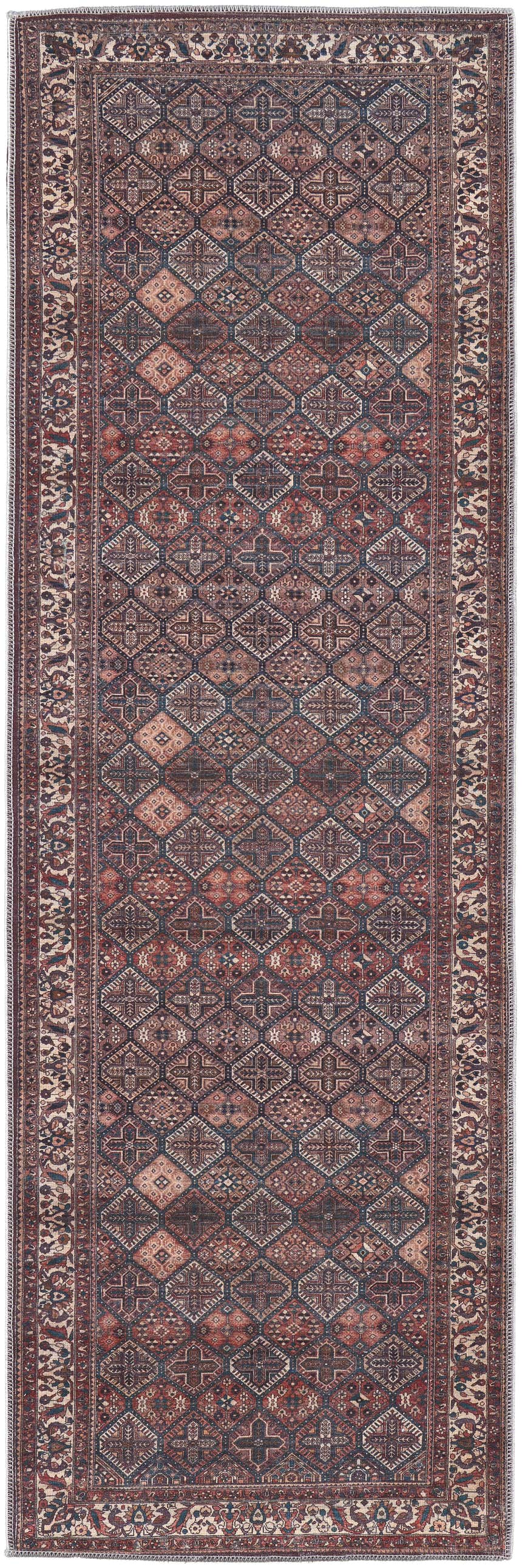 Close-up of the Feizy Rawlins Brown/Red/Ivory Area Rug, featuring a geometric, transitional oriental pattern. Design-Runner