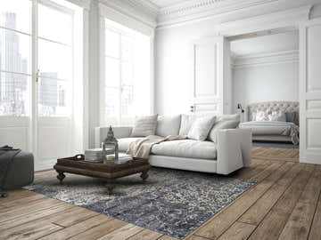 Bright living room with Feizy Katari Gray/Green/Ivory rug, white sofa, and wood floors. Transitional style. Roomscene-Rectangle