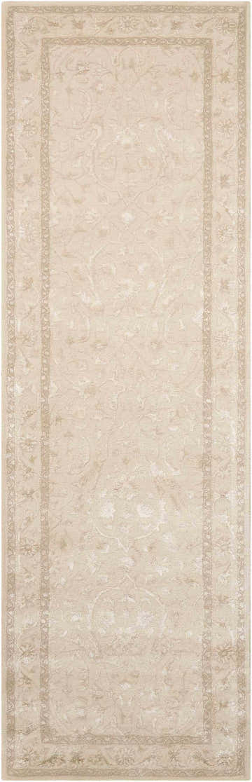 Close-up of the Nourison Symphony Ivory runner rug, featuring a subtle floral pattern and chestnut border. Handmade wool blend.
