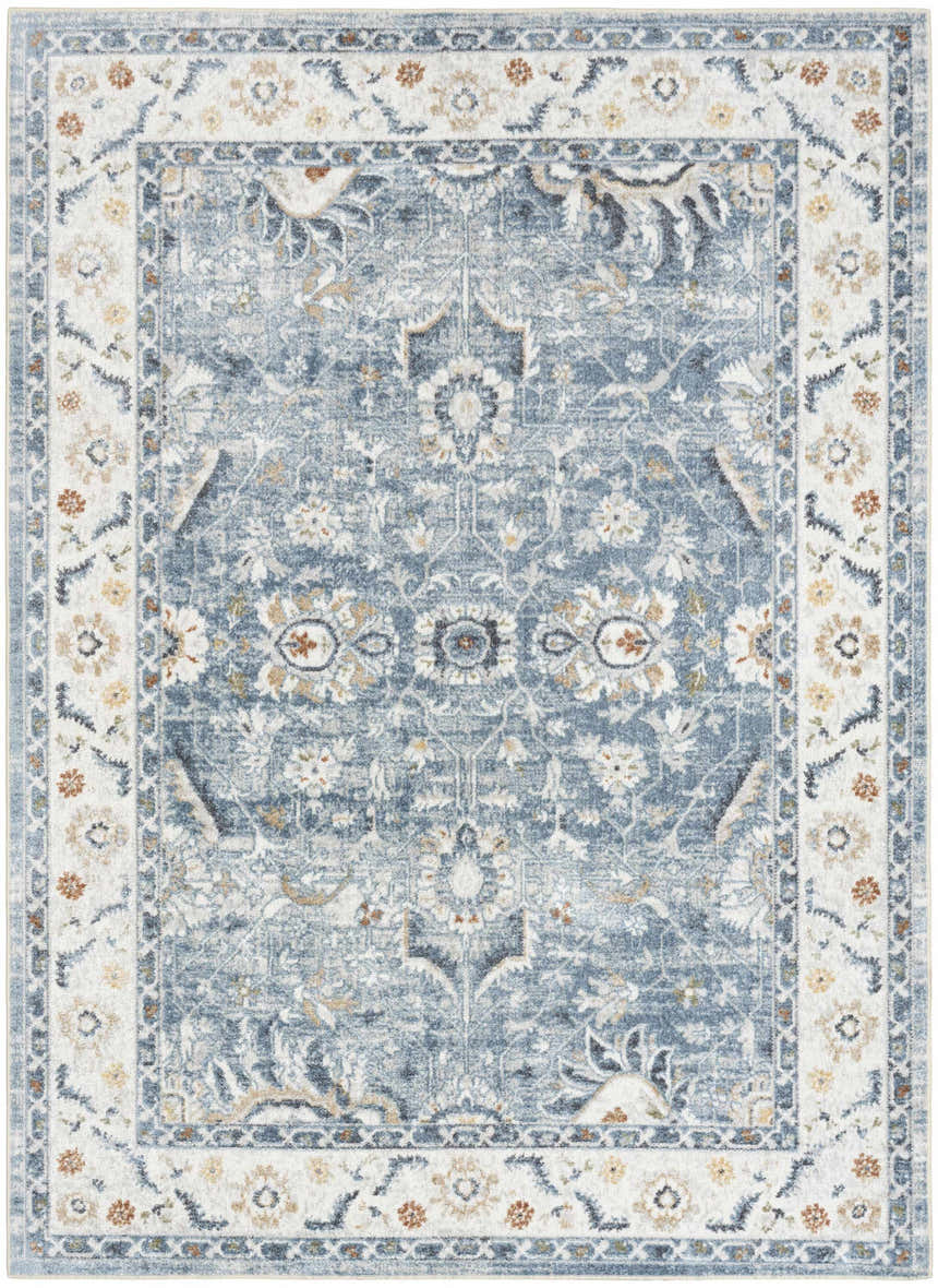 Close-up of Nourison Astra Machine Made Blue Vintage Area Rug with floral pattern and light blue border.