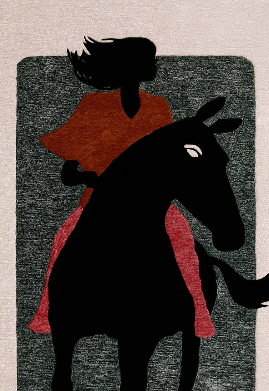 Horse Rider Pattern Beige And Black Hand Tufted 5x8 Wool Rug