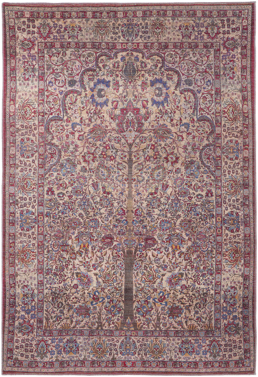 Feizy Rawlins Transitional Oriental Area Rug in red, tan, and pink with a tree of life design. Design-Rectangle