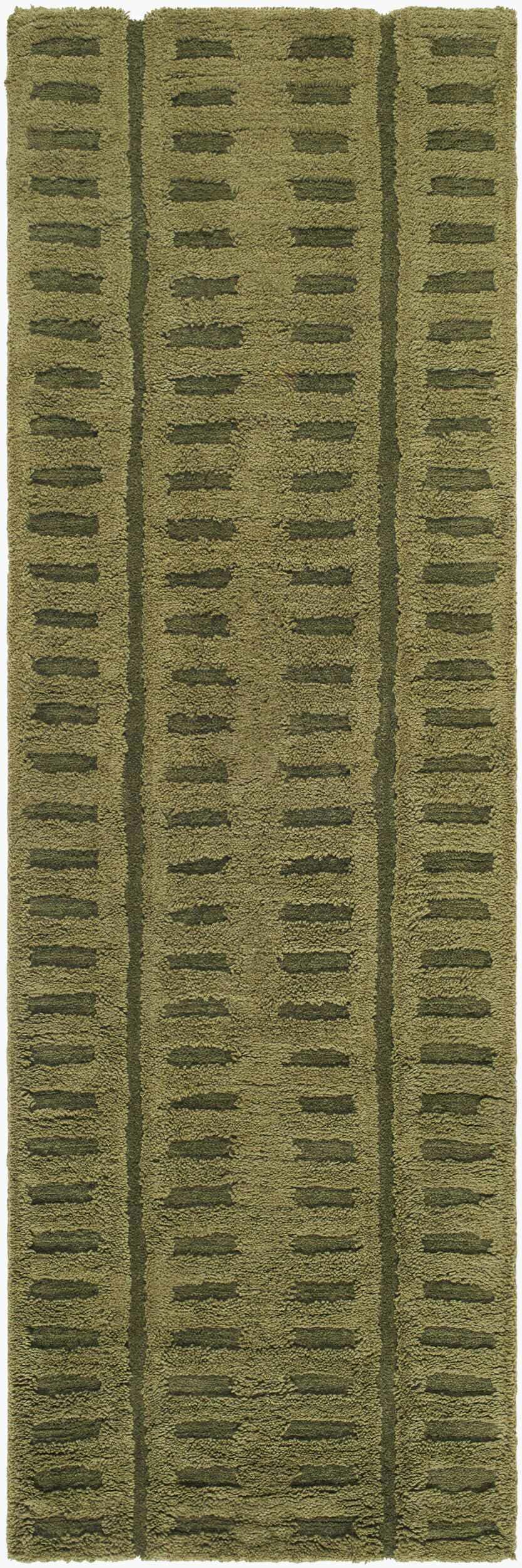 Close-up of the Washable Wool Rug - Green. Hand-tufted rug with a contemporary stripe pattern in shades of green and brown. Design-Runner-268