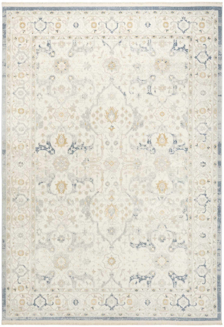 Detailed view of the Nourison Pardis Light Blue Vintage Area Rug, featuring a floral and geometric pattern.