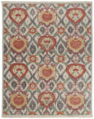 Feizy Beall rug: Traditional oriental design in orange, gray, and cream. Hand-knotted wool with a farmhouse style. Design-Rectangle