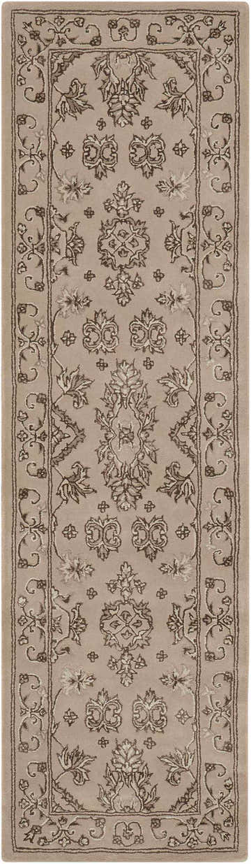 Close-up of a Nourison Regal Taupe Persian Indoor Area Rug runner with ivory and brown floral and botanical design.