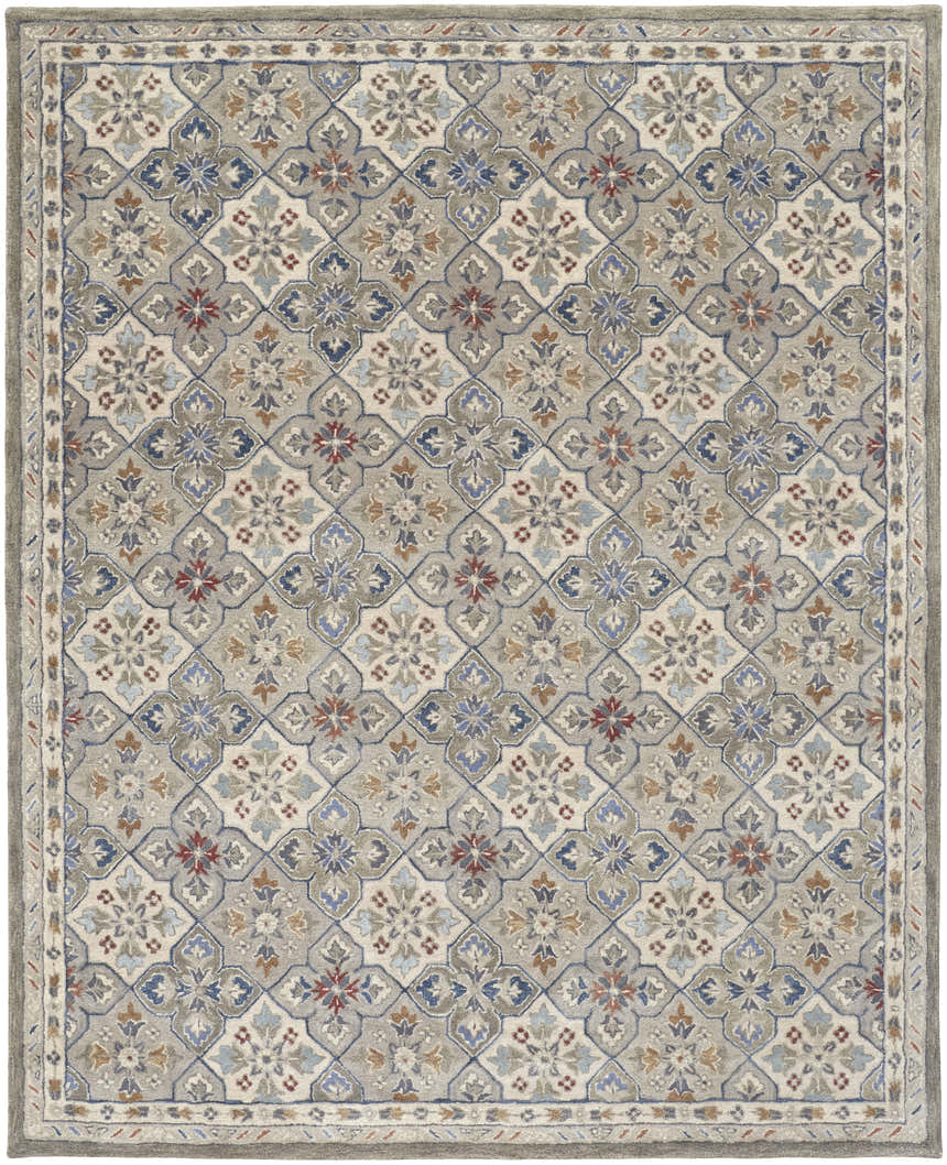 Close-up of the Feizy Rylan Taupe/Ivory/Red Area Rug. Features a floral and botanical pattern in taupe, ivory, red, and blue. Design-Rectangle
