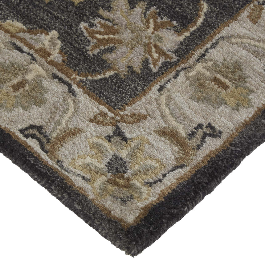 Close-up of Feizy Eaton Traditional Oriental rug; blue, gray, and taupe wool with Persian-style floral pattern. Corner