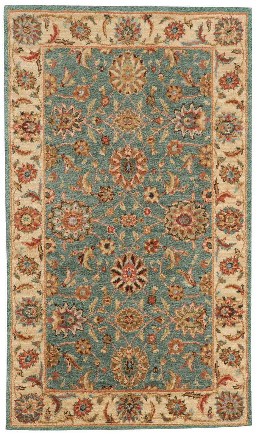 Close-up of Nourison Living Treasures Aqua rug. Traditional floral pattern in aqua, beige, rust, and brown tones.
