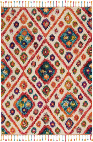 Close-up of Nourison Nomad Ivory Pink Tribal rug. Diamond pattern with colorful floral accents and playful tassels.